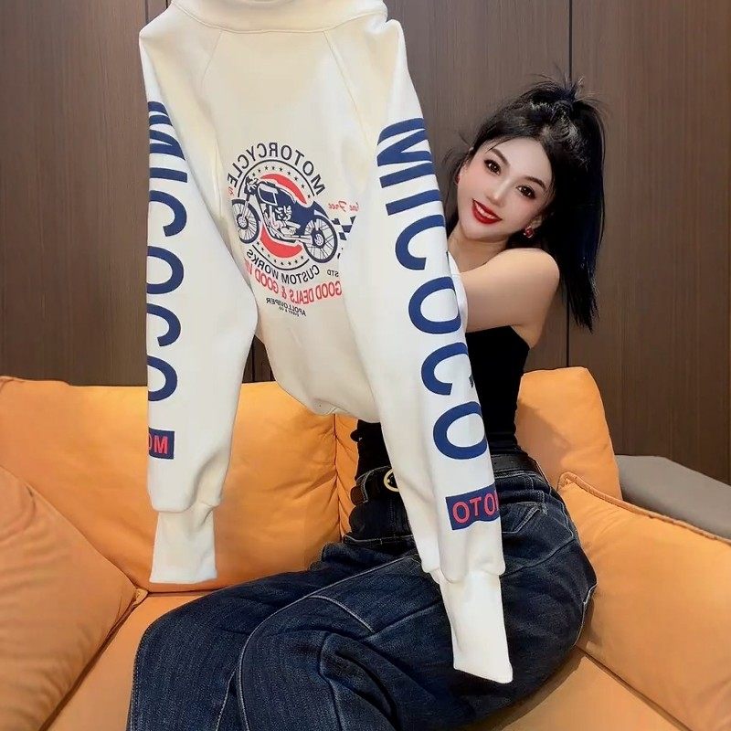 2025秋冬新款卡通机车半开高领加绒卫衣女宽松显瘦字母印花上衣,个性定制/设计服务/DIY,棉服工装,淘宝优惠券,粉丝福利购,淘宝优惠卷