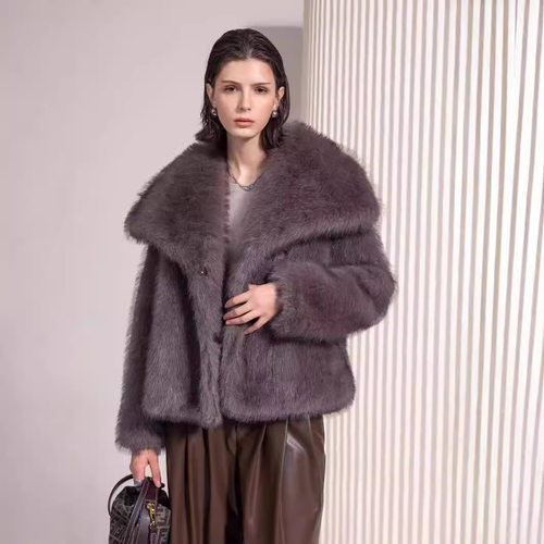 欧美皮草大翻领环保皮草外套短款人造狐狸毛皮草外套蓬松毛绒女装