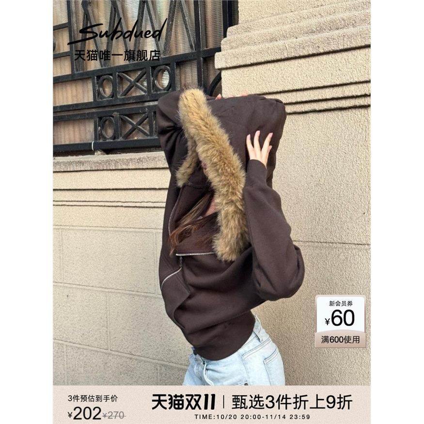 【3件9折】Subdued卫衣25秋冬新款女装宽松毛领外套拉炼连帽衫,个性定制/设计服务/DIY,棉服工装,淘宝优惠券,粉丝福利购,淘宝优惠卷