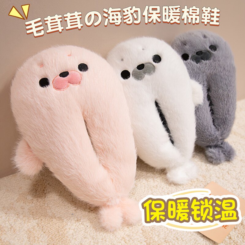 可爱卡通小海豹玩偶拖鞋圆头包跟棉鞋冬季家居室内保暖月子鞋女生