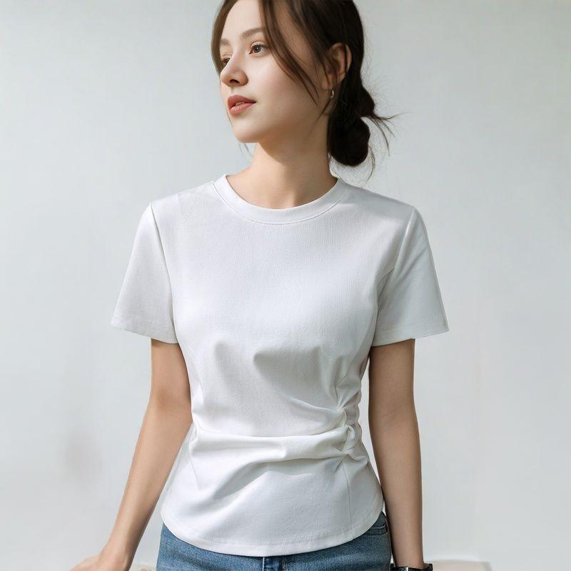 圆领纯棉短袖t恤女修身褶皱收腰上衣夏季小众设计感洋气正肩体恤