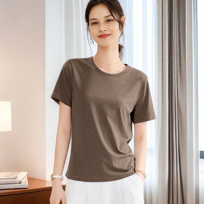 天丝亚麻短袖T恤女士宽松薄款圆领体恤2025夏季新款亲肤面膜上衣
