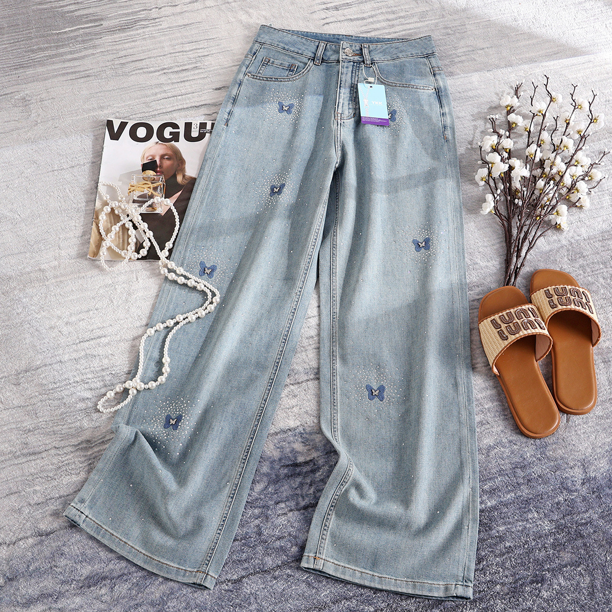 南油女装2925新款蝴蝶刺绣烫钻牛仔裤女高腰宽松显瘦时尚直筒裤
