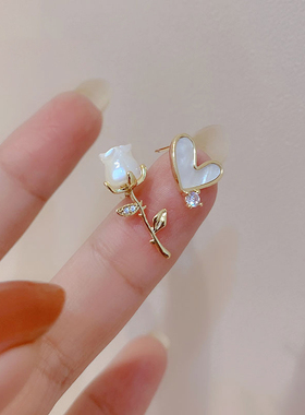 复古法式白色玫瑰花耳钉 小巧精致不对称镶钻爱心耳环耳饰