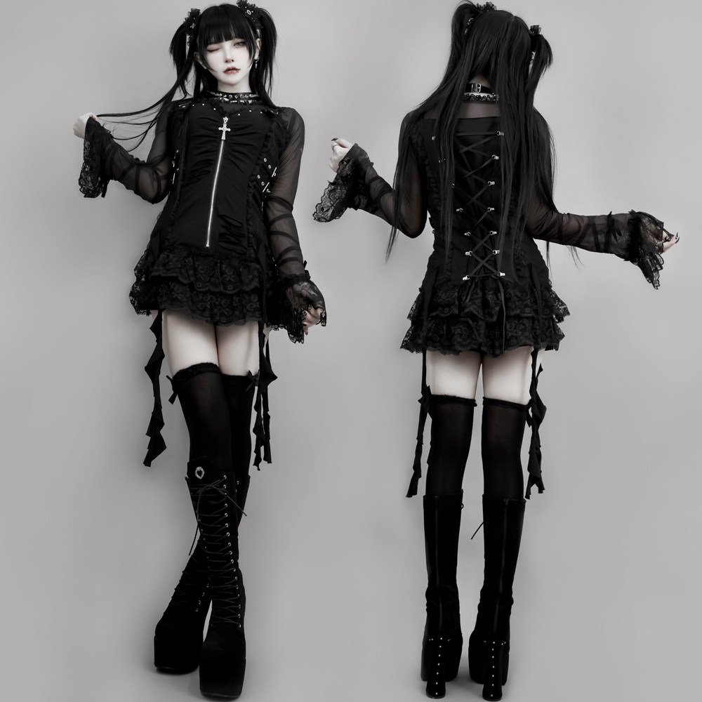 D 日系原宿风 复古黑白拼色蕾丝花边系带连衣裙+半透长袖内搭上衣,女装/女士精品,时尚套装,淘宝优惠券,粉丝福利购,淘宝优惠卷