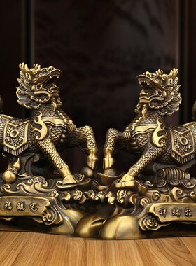 纯铜招财纳福麒麟摆件复古大号威武款办公室客厅家居玄关工艺摆件