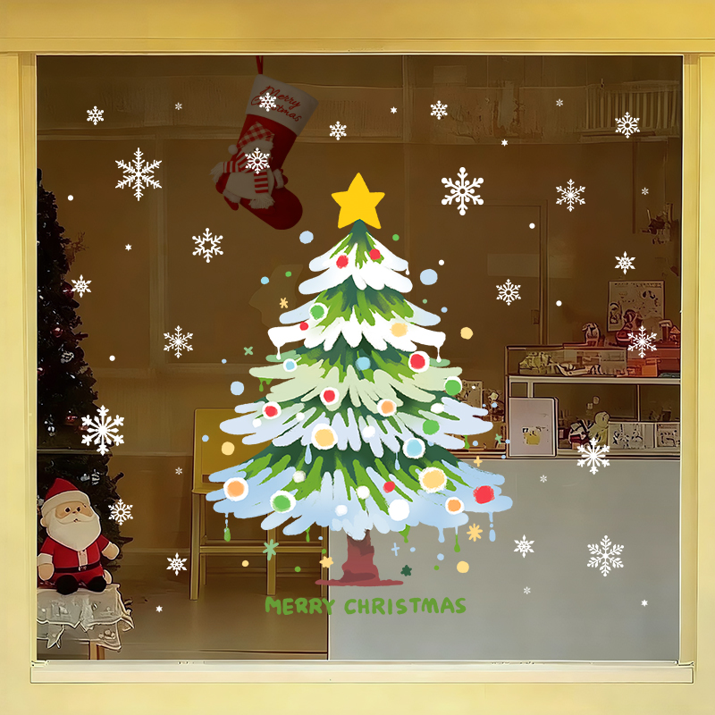 圣诞节装饰玻璃贴纸雪花耶诞树氛围场景布置门装扮静电贴窗花窗贴