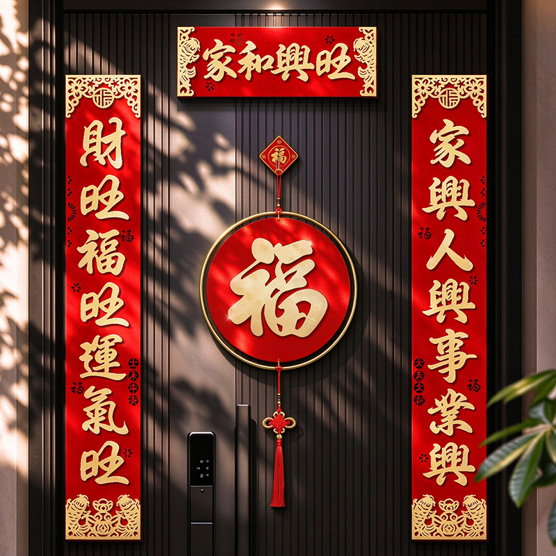 2027羊年新款对联春节大门立体植绒布自粘门联新年入户门过年春联