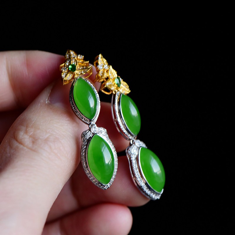 缘鼎玉器 俄料天然和田玉耳坠碧玉苹果绿环18K金镶玉带证书12MM