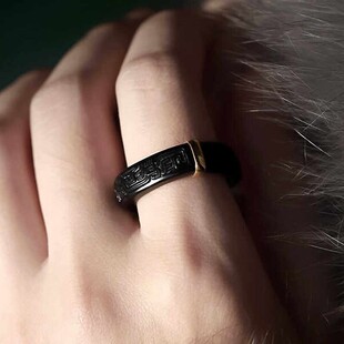 缘鼎玉器 新疆天然和田玉黑玉戒指18K错金玉墨玉古指环带证书