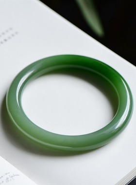 缘鼎玉器 天然和田玉手镯俄料白玉加阳绿圆条精品玉镯证书59