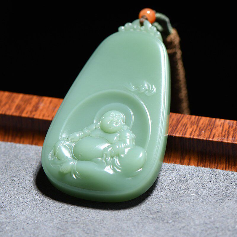 缘鼎玉器 天然和田玉吊坠碧玉粉绿佛公弥勒佛玉佩玉石挂件带证书