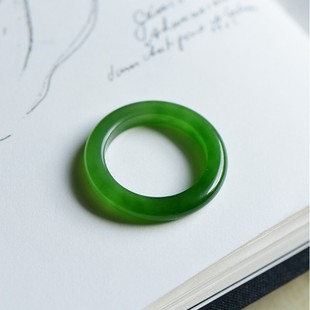 缘鼎玉器 天然和田玉戒指碧玉阳绿宽边戒圈带证书指环扳指17