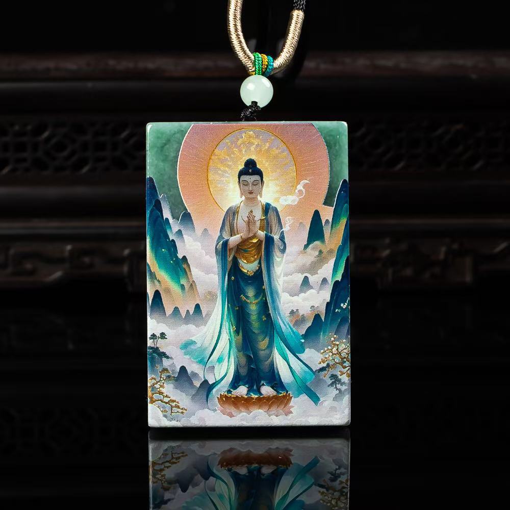 天然A货翡翠观音牌精工超清喷绘高冰种老玉石吊坠挂件玉佩批发