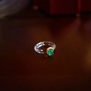 天然白水晶绿玉髓戒指指环S925纯银镀金镶嵌指环精致时尚轻奢