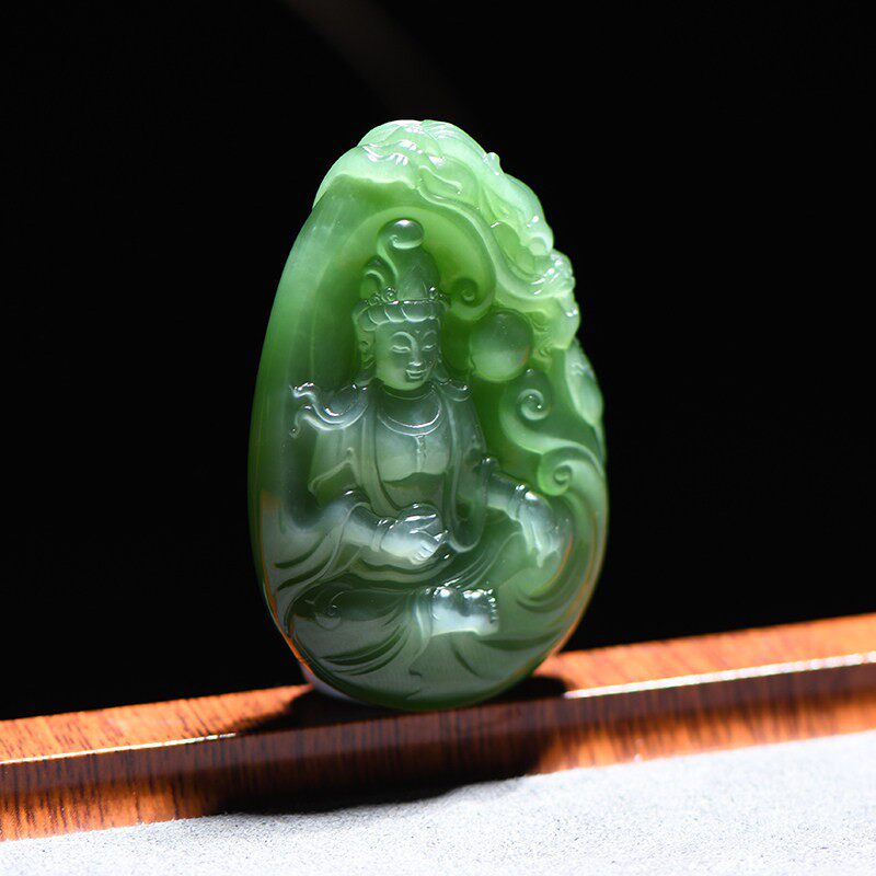缘鼎玉器 天然和田玉吊坠俄料碧玉猫眼观音男玉佩玉石挂件带证书