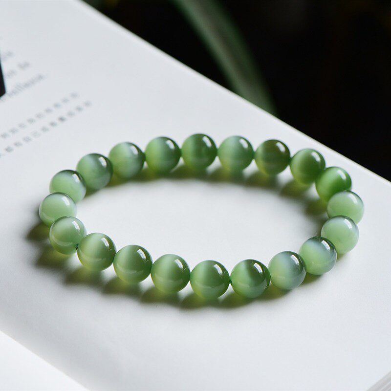 缘鼎玉器 碧玉粉青猫眼天然和田玉手链圆珠玉石男女手串10MM