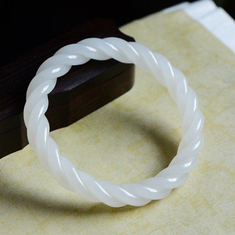 缘鼎玉器 天然和田玉手镯一级白麻花白玉圆条精品玉镯证书60