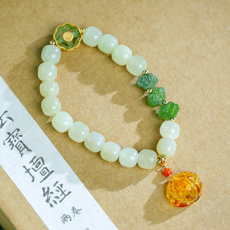 荟宝丽和田青玉S925银配件搭配蜜蜡玫瑰花碧玉雕刻件气质女士手串