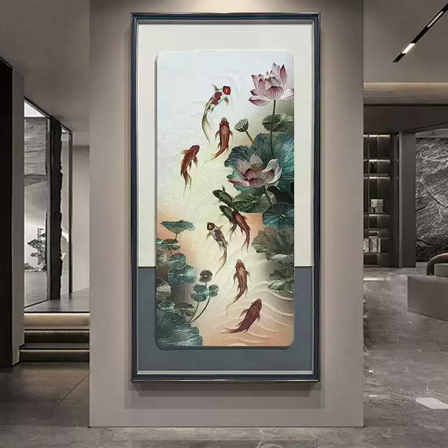 新中式刺绣感九鱼荷花挂画玄关装饰画聚财轻奢入户过道装饰挂画