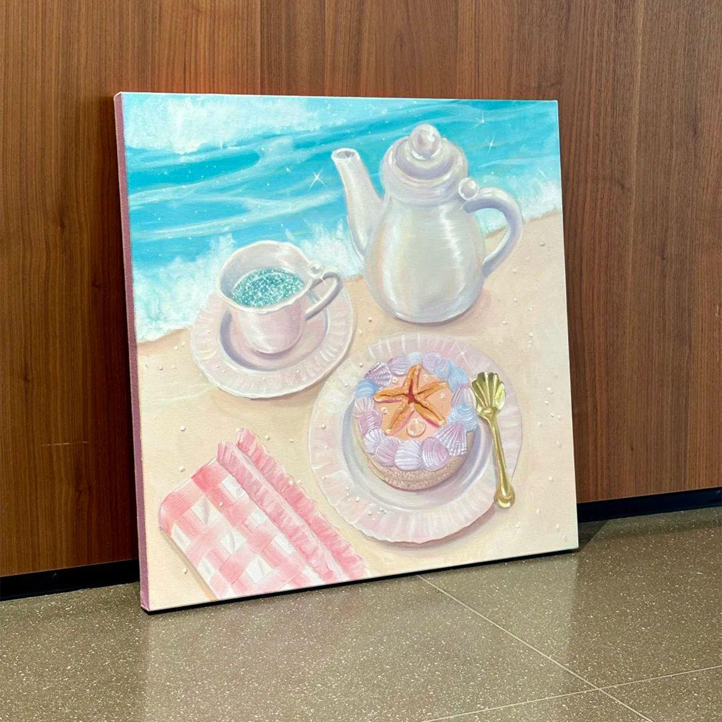 多巴胺风沙滩下午茶装饰画小众艺术客厅挂画系卧室氛围感壁画