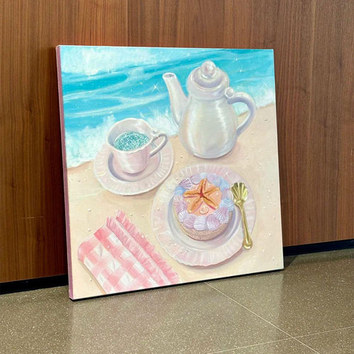 多巴胺风沙滩下午茶装饰画小众艺术客厅挂画系卧室氛围感壁画