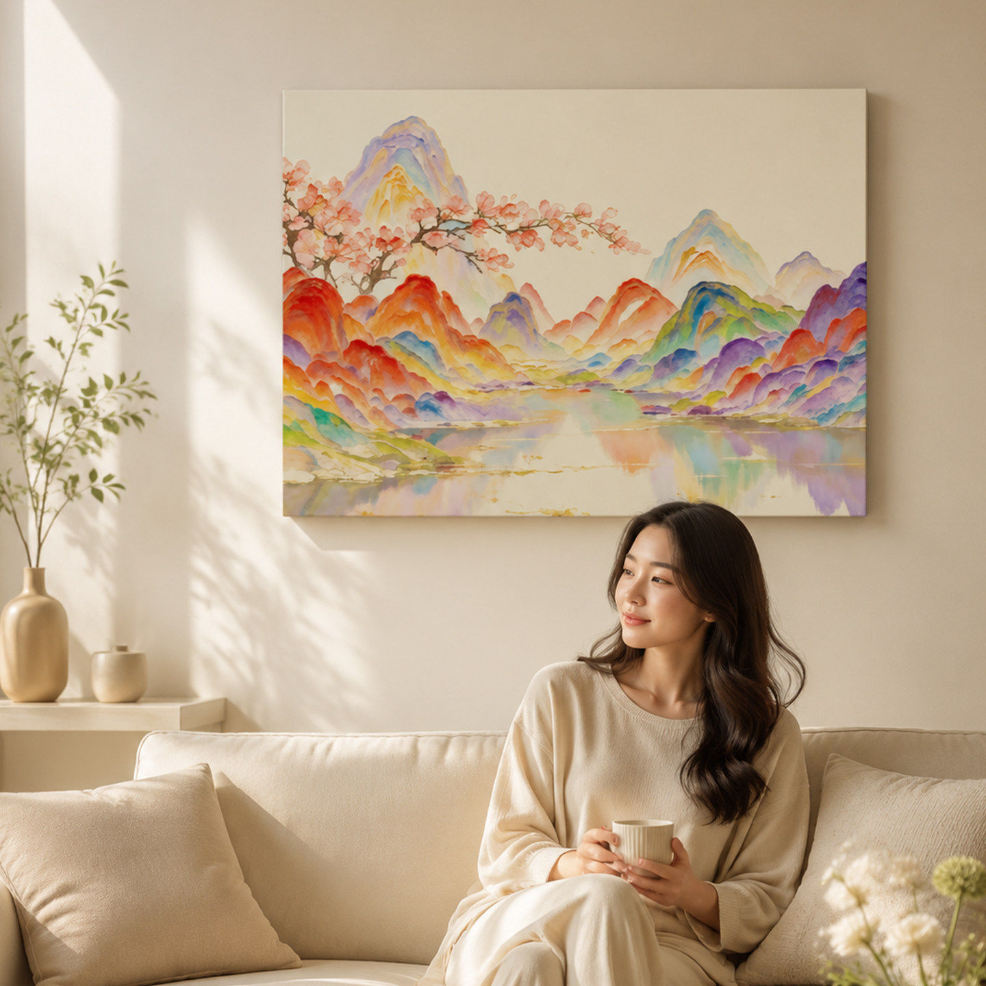 新中式彩虹山水桃花肌理装饰画客厅挂画清新氛围感沙发背景墙壁画
