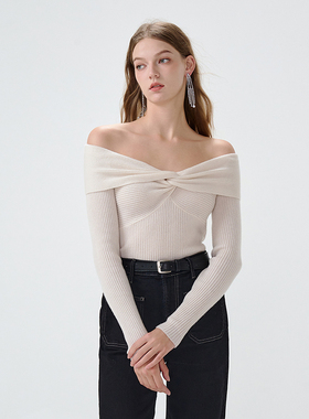 Dec Gals早秋气质get 法式一字肩长袖毛衣女秋季优雅复古修身上衣