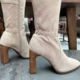 俄罗斯新款 女靴女粗跟长靴瘦瘦靴高跟靴子 卡其色牛反毛磨砂皮时装
