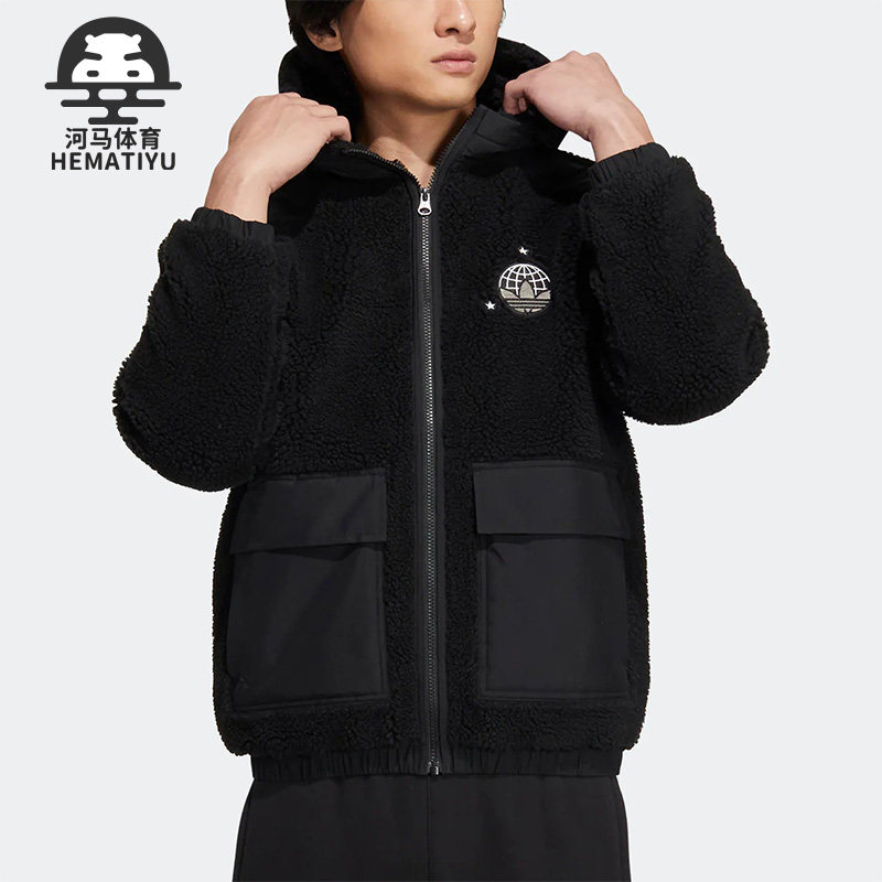 阿迪达斯春男女仿羊羔绒连帽外套