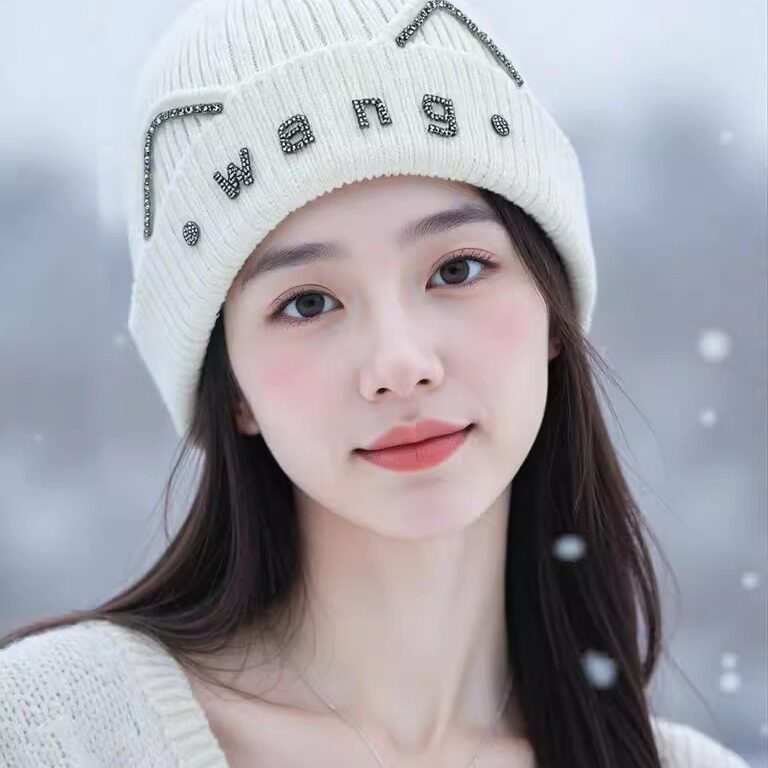 欧美小众猫耳朵镶钻毛线帽子女秋冬时尚百搭水钻字母冷帽套头帽潮