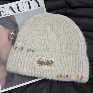 帽子女2025蕾丝贴布毛线帽韩版百搭秋冬季护耳针织包头帽显脸小