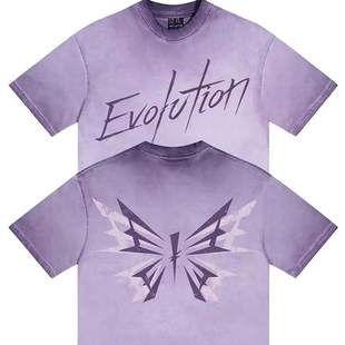 谢霆锋Evolution进化演唱会周边紫色蝴蝶纯棉水洗做旧重磅短袖T恤