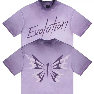 谢霆锋Evolution进化演唱会周边紫色蝴蝶纯棉水洗做旧重磅短袖T恤