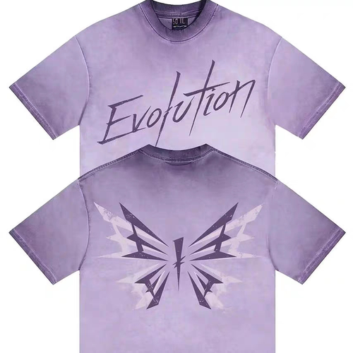 谢霆锋Evolution进化演唱会周边紫色蝴蝶纯棉水洗做旧重磅短袖T恤