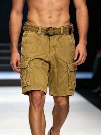 现货Abercrombie&Fitch美国正品男装土黄色多口袋工装休闲短裤