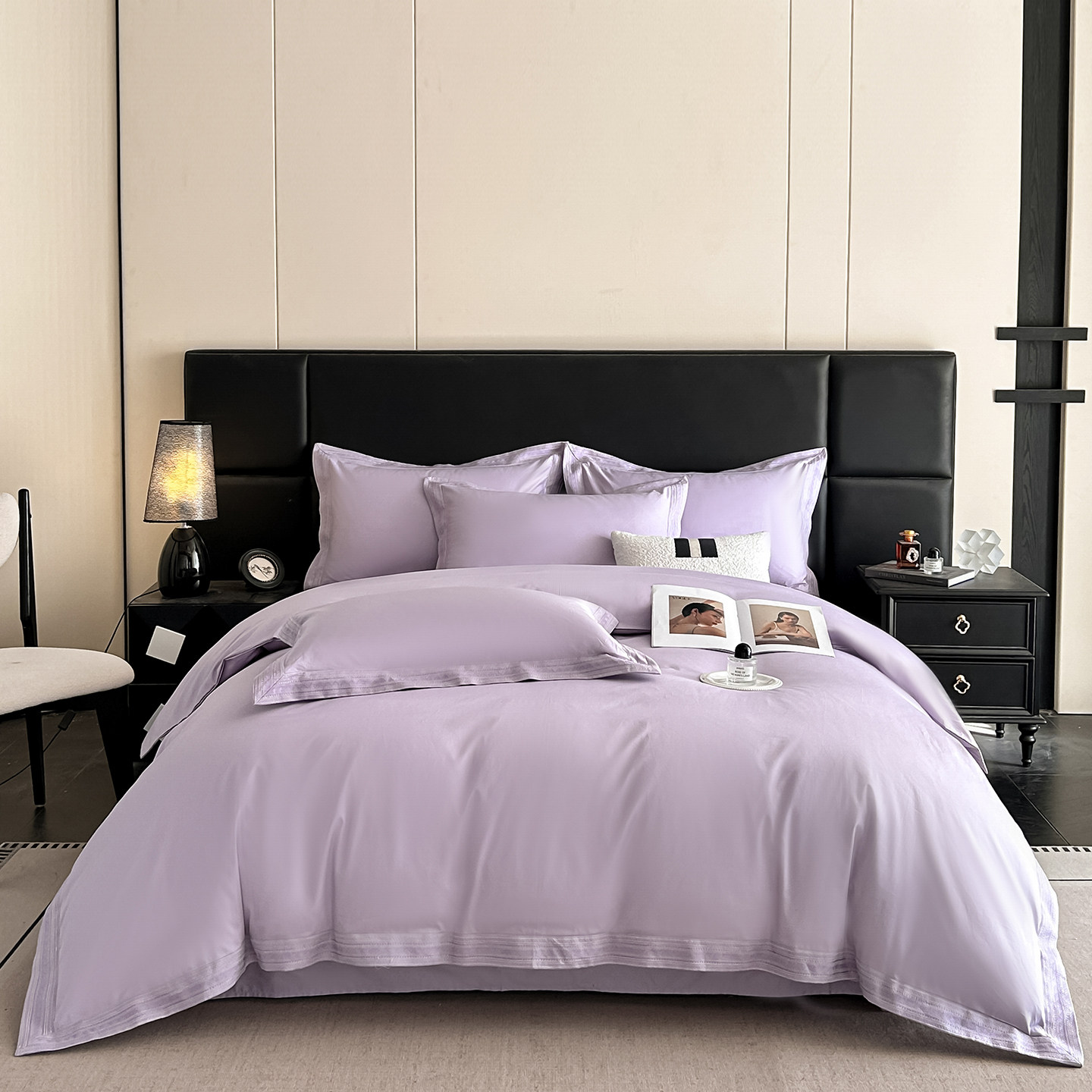 高颜值紫色纯棉四件套全棉婚庆床品套件简约现代被套床单枕套4件