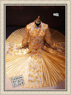 定制 敬酒服新娘結(jié)婚75 金色秀禾服太陽(yáng)裙百褶裙 純手繡龍鳳褂皇