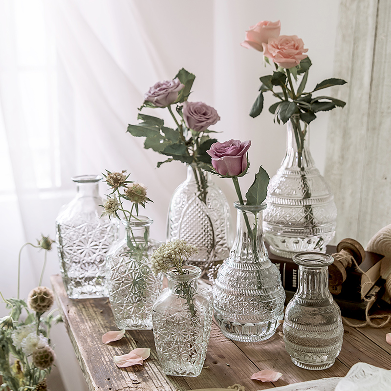 迷你小花瓶摆件客厅插花高级感透明玻璃复古浮雕北欧创意干花装饰