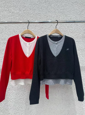 正品针织衫2026春新品绵羊毛山羊绒假两件显瘦新年红色MBF1SWTT09