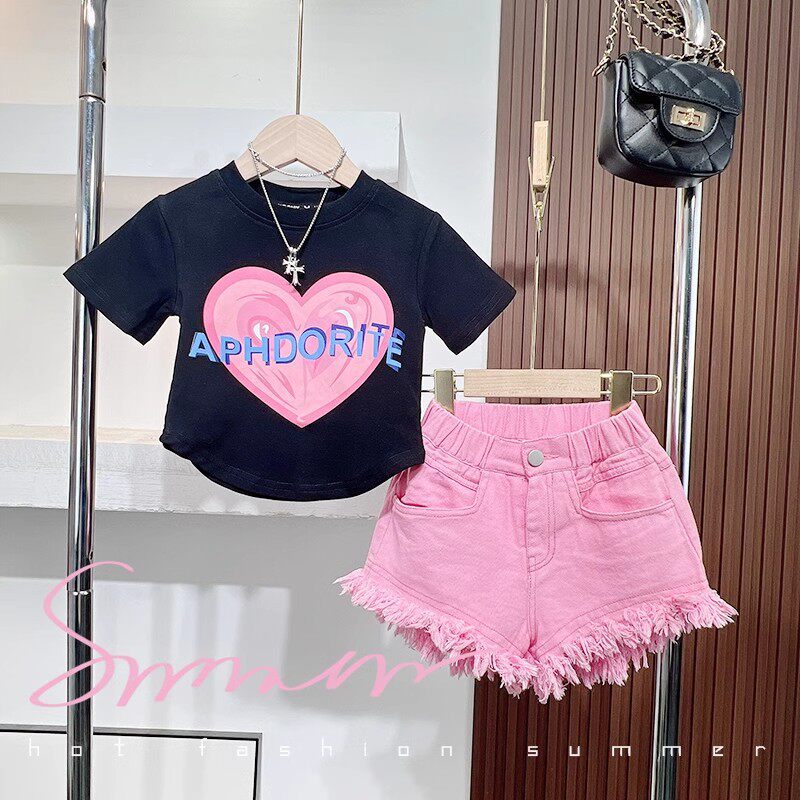 女童夏季爱心短袖套装2026新款韩版中大童半袖T恤流苏牛仔短裤