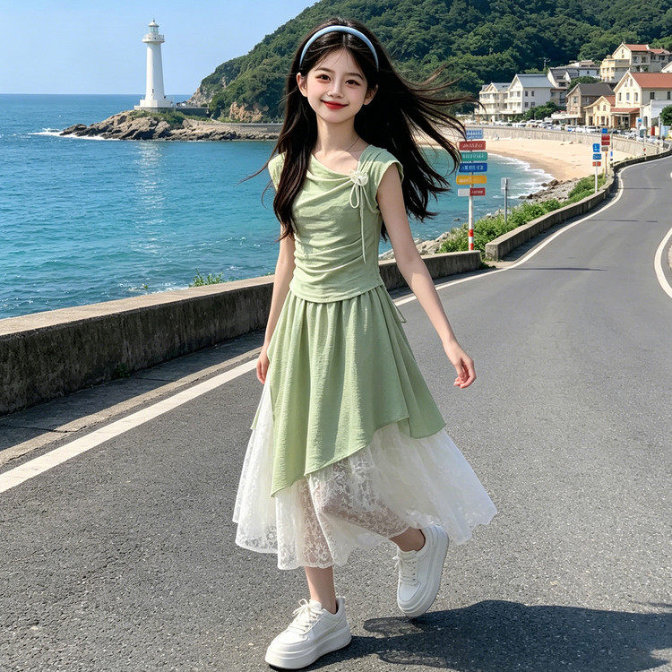 女童连衣裙套装夏装2026新款中大童女孩仙女蕾丝拼接半身裙两件套