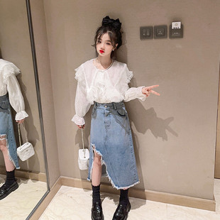 女大童网红牛仔裙装 女童长袖 两件套 洋气儿童时髦童装 春季 衬衫 套装