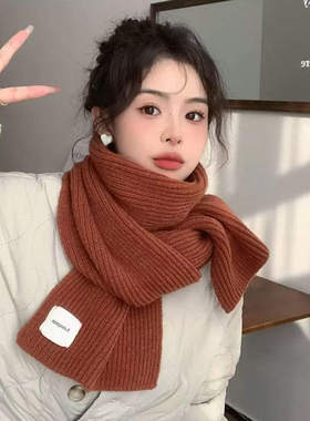 纯色针织围巾女秋冬2025新款韩版学生绿毛线围巾百搭保暖针织围脖