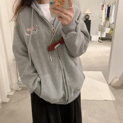 2025冬季新品韩系大码宽松连帽加绒加厚卫衣女开衫拉链长袖外套