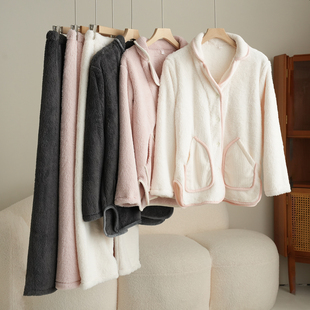 法兰绒 冬款 情侣款 加厚保暖睡衣睡裤 翻领家居服套装 330克