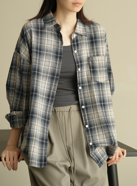 薄 全棉蓝色格子衬衫 女士纯棉遮阳外套bf风宽松衬衣 春夏款 女装