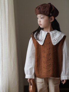森系 儿童圆领针织马甲 女童宽松套头坎肩后系扣 中大童 春秋款