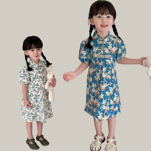 女童印花旗袍儿童泡泡袖连衣裙