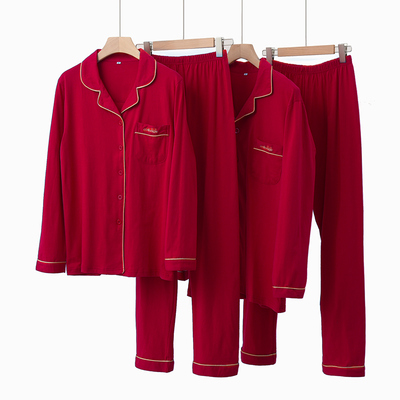 情侣纯棉结婚睡衣套装大红色